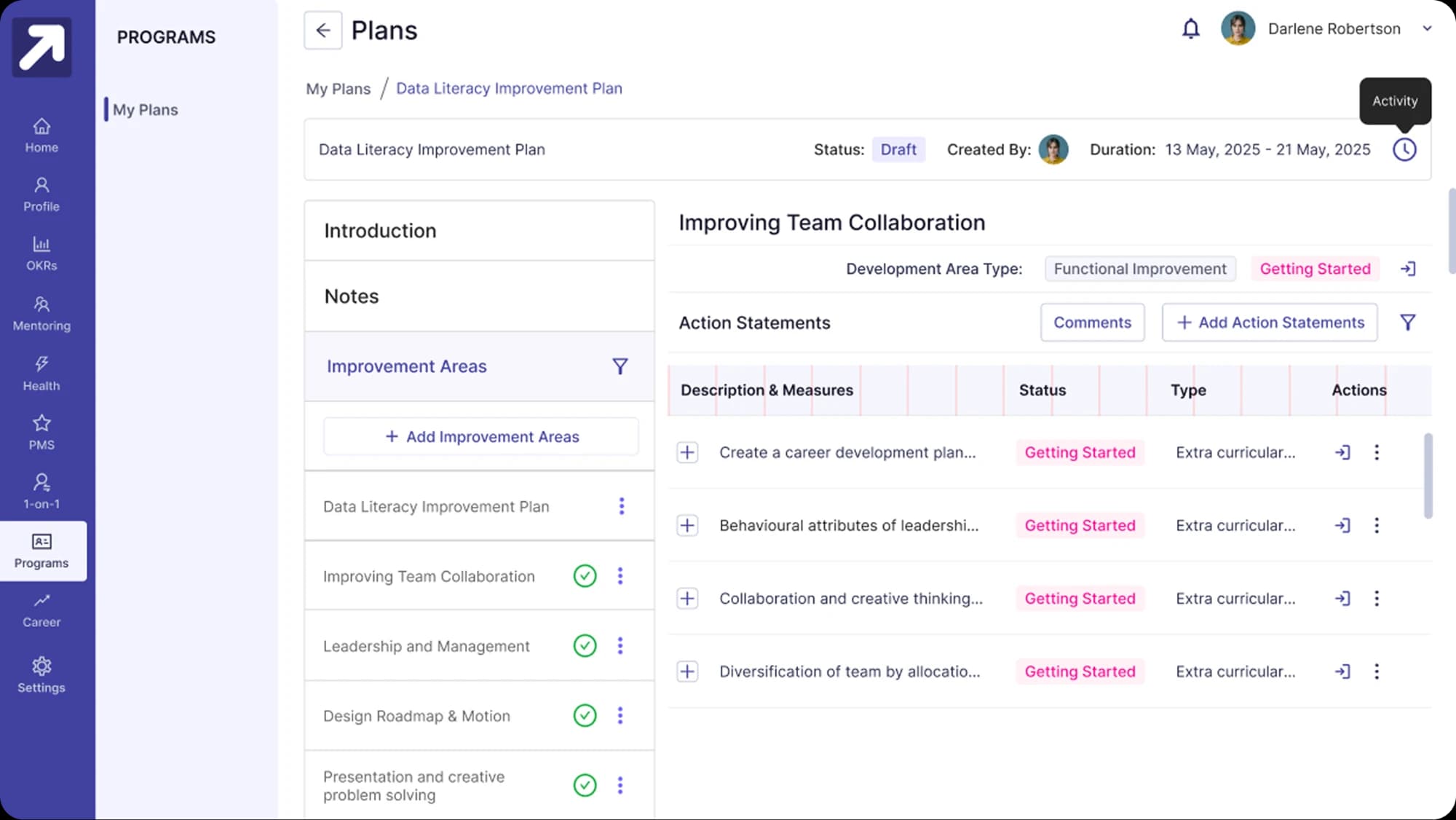 The old Plans page with improvement areas and action statements