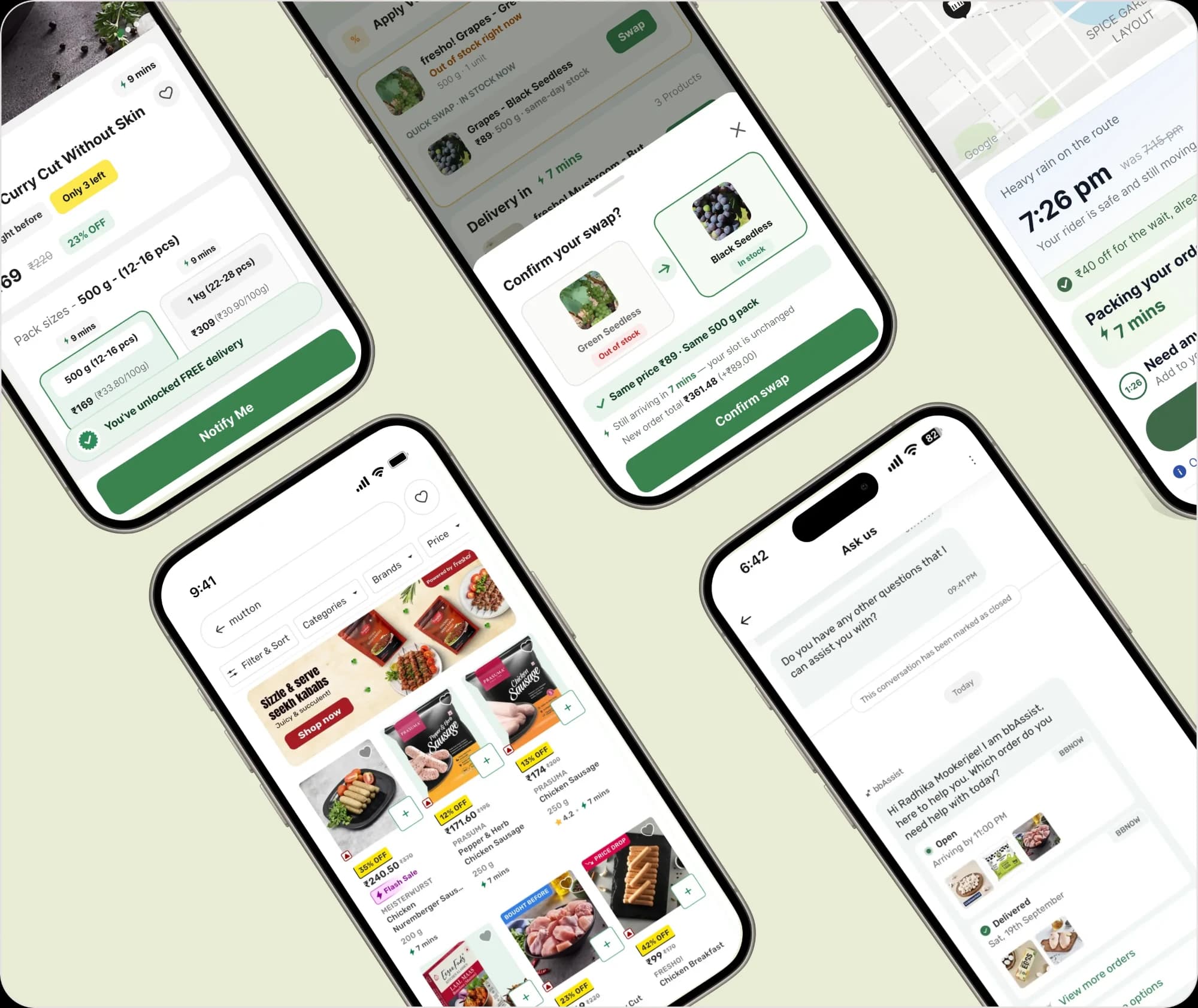 Explorations: product page, item swap, delivery delay update, search and support chat screens